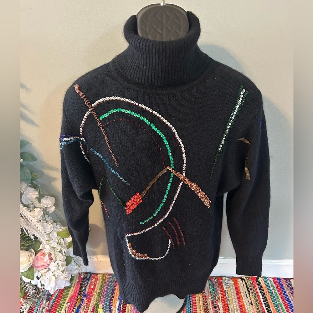 80s Bedazzled Geometrical Sweater Turtleneck Black Medium Vintage